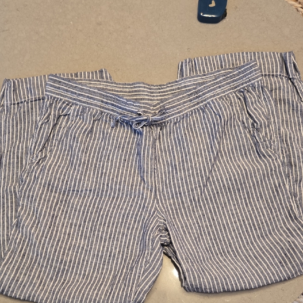 LL Bean Womens Premium Washable Linen Pull On Pants Strip Navy And White 16petit